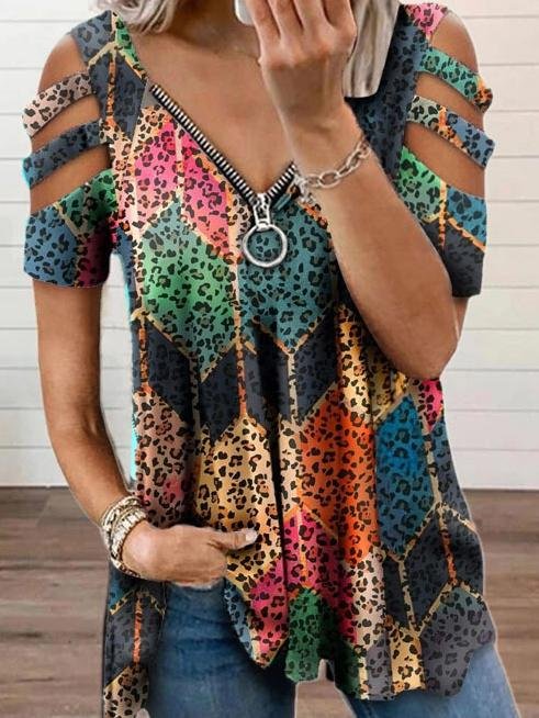 V-neck Zipper Printed Short Sleeve Loose T-shirt Oshnow