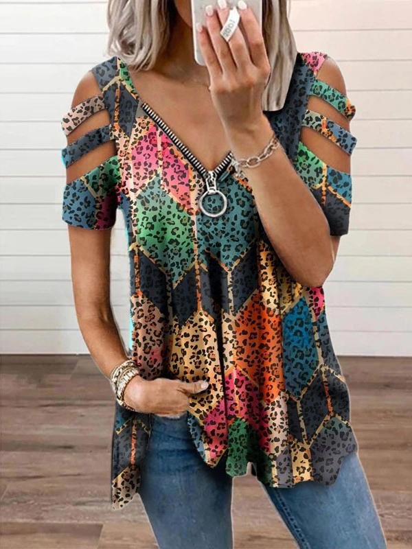 V-neck Zipper Printed Short Sleeve Loose T-shirt Oshnow