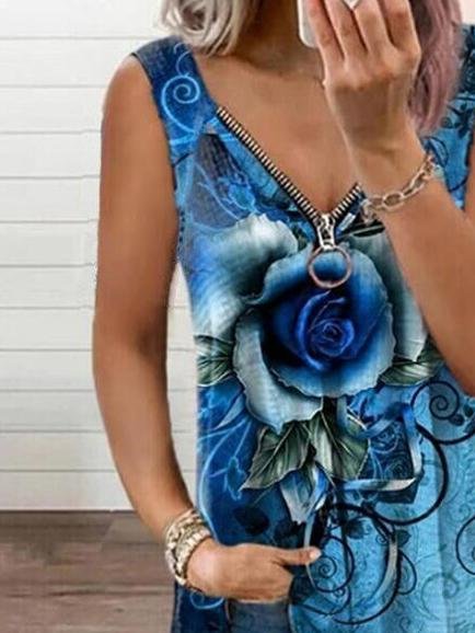 V-neck Zipper Rose Flower Print Casual Vest Oshnow