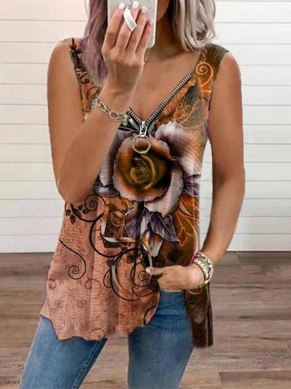 V-neck Zipper Rose Flower Print Casual Vest Oshnow