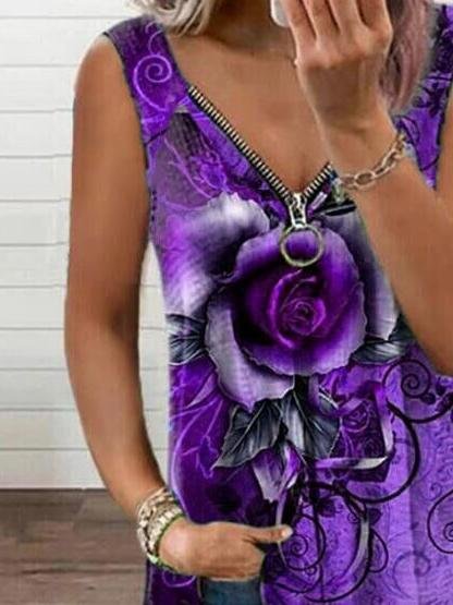 V-neck Zipper Rose Flower Print Casual Vest Oshnow