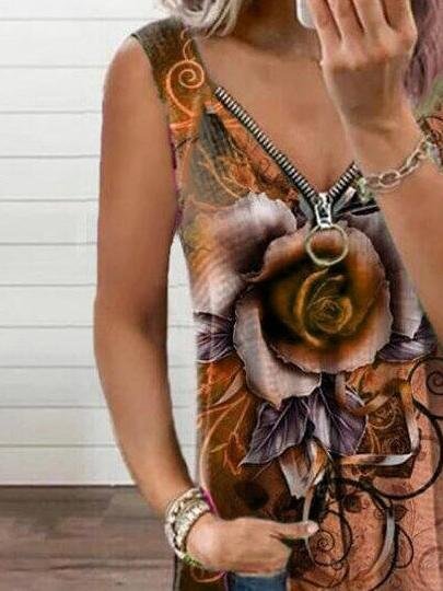 V-neck Zipper Rose Flower Print Casual Vest Oshnow