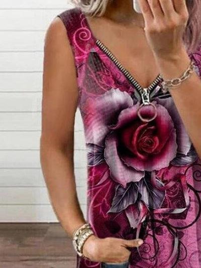 V-neck Zipper Rose Flower Print Casual Vest Oshnow