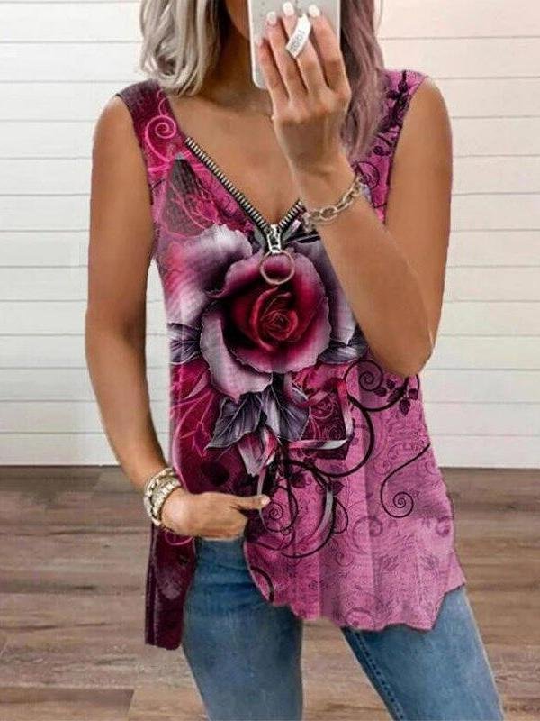 V-neck Zipper Rose Flower Print Casual Vest Oshnow