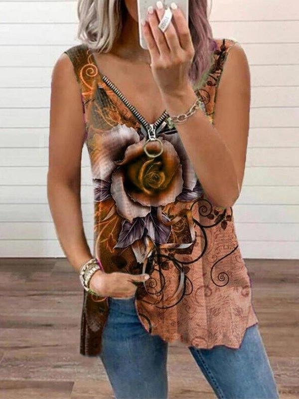 V-neck Zipper Rose Flower Print Casual Vest Oshnow