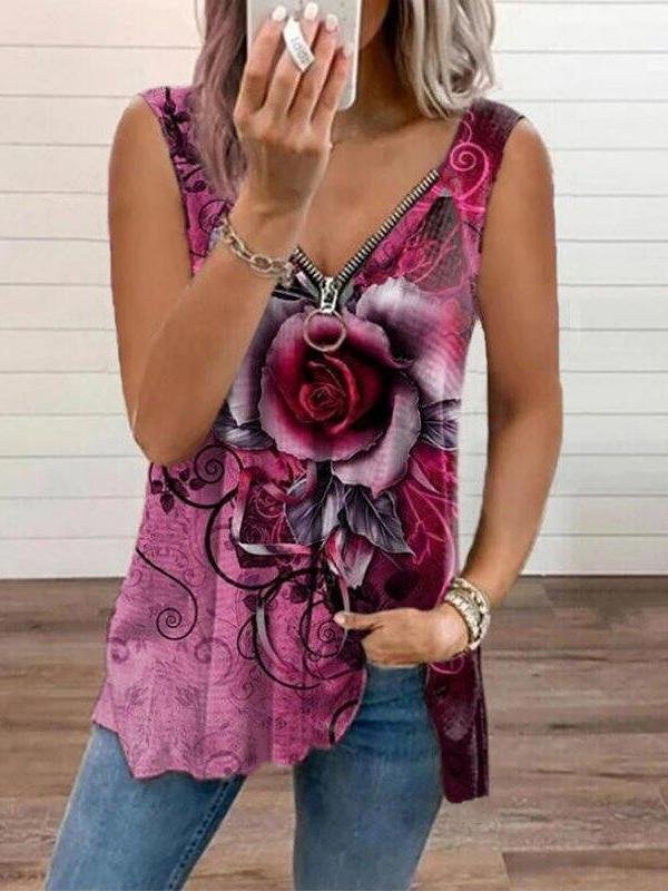 V-neck Zipper Rose Flower Print Casual Vest Oshnow