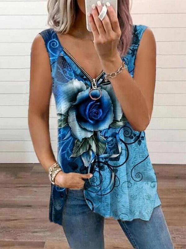 V-neck Zipper Rose Flower Print Casual Vest Oshnow