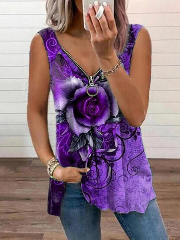 V-neck Zipper Rose Flower Print Casual Vest Oshnow