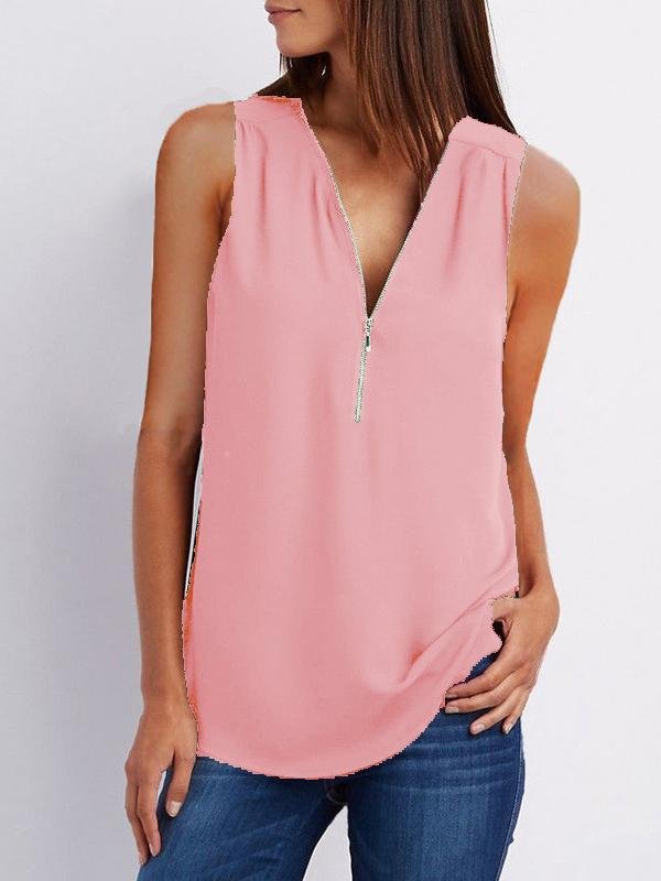 V-neck Zipper Sleeveless Loose Chiffon Vest Oshnow