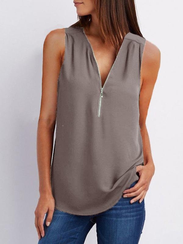 V-neck Zipper Sleeveless Loose Chiffon Vest Oshnow