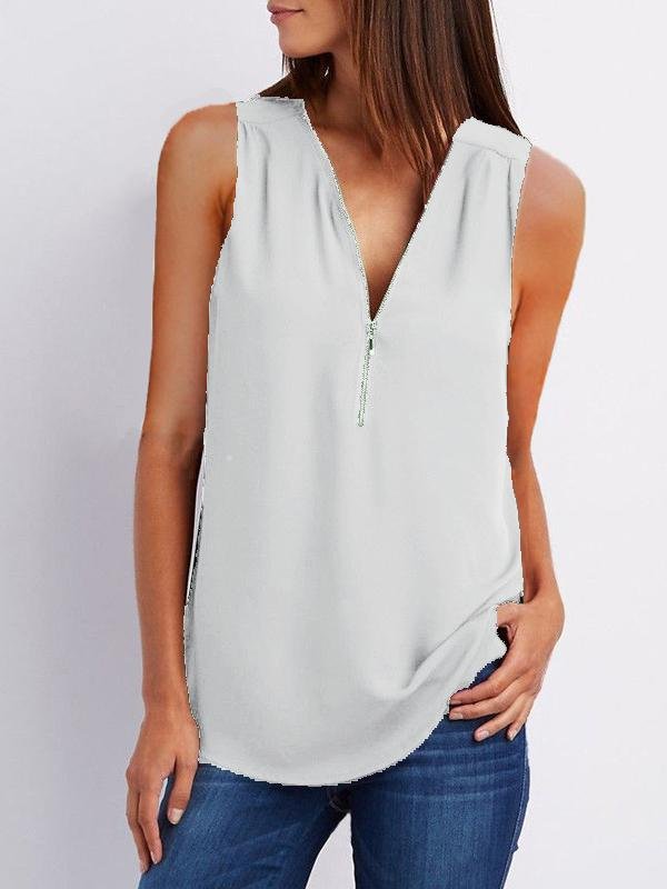 V-neck Zipper Sleeveless Loose Chiffon Vest Oshnow