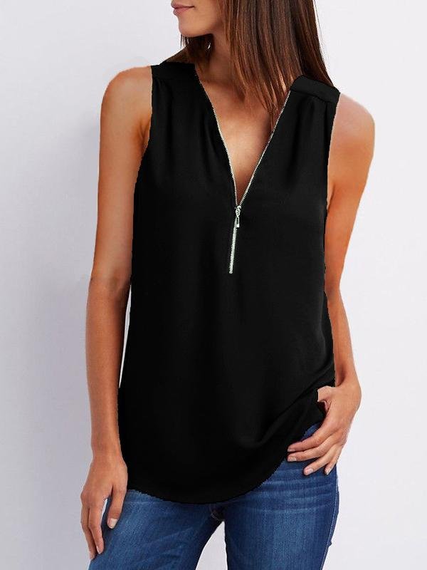 V-neck Zipper Sleeveless Loose Chiffon Vest Oshnow