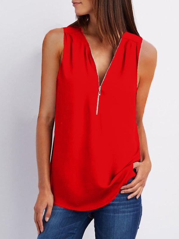 V-neck Zipper Sleeveless Loose Chiffon Vest Oshnow