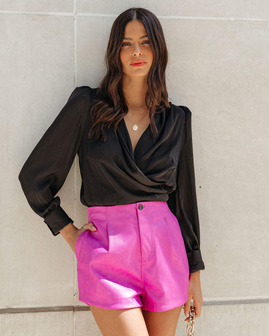 Vany Pocketed High Rise Faux Leather Shorts - Magenta - SALE Oshnow