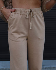 Vera Knit Pocketed Wide Leg Drawstring Pants - Tan Oshnow