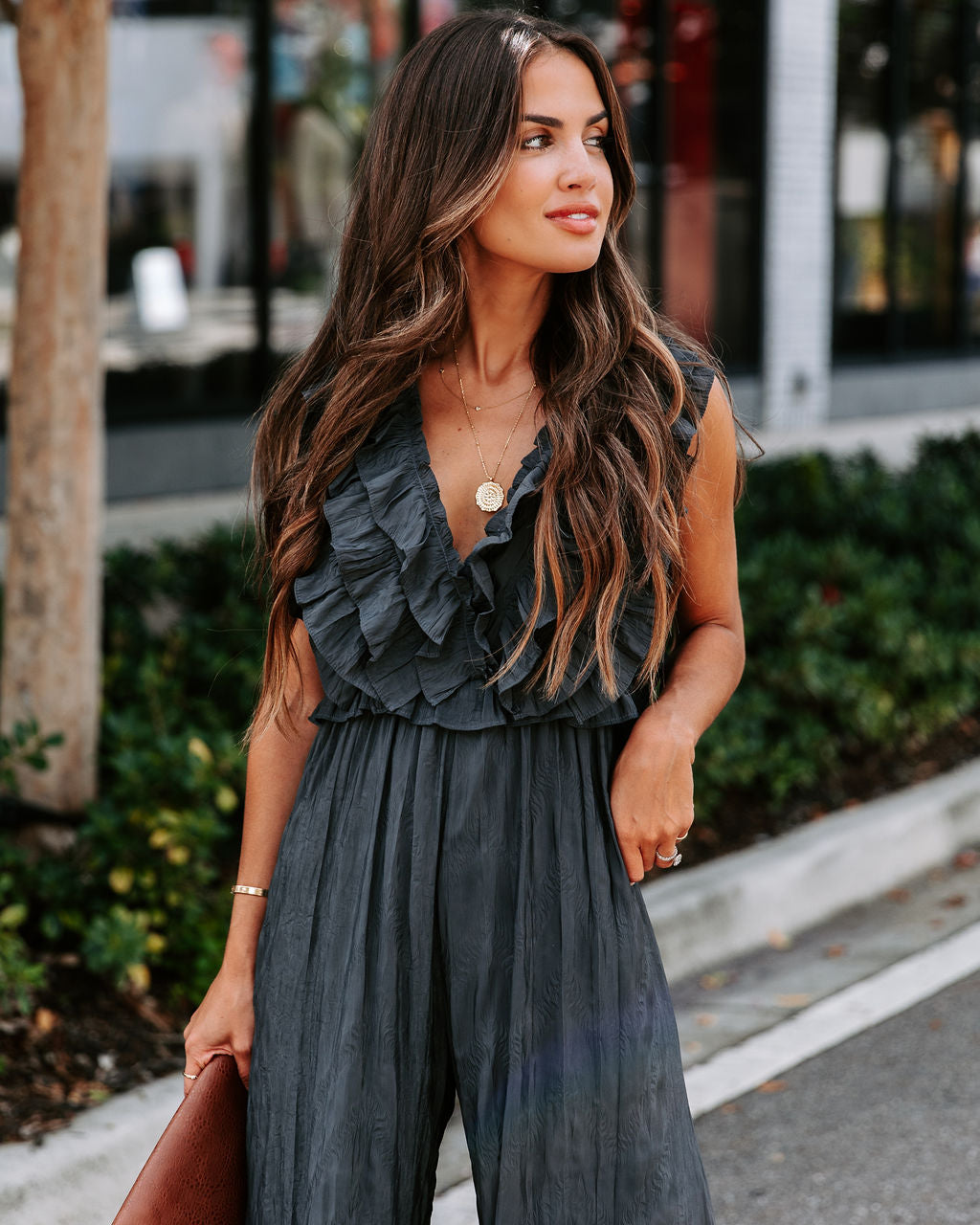 Veronica Ruffle Jumpsuit - Charcoal Oshnow