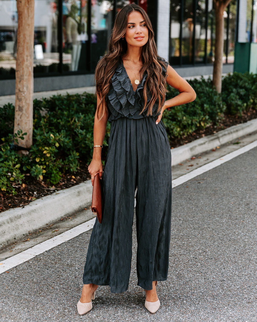 Veronica Ruffle Jumpsuit - Charcoal Oshnow