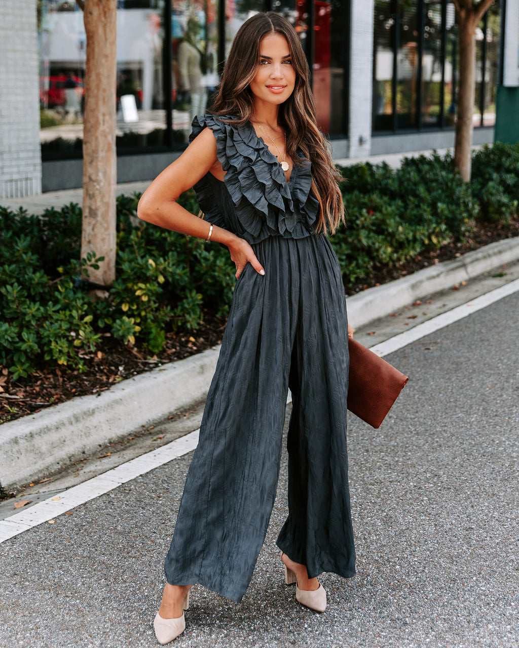 Veronica Ruffle Jumpsuit - Charcoal Oshnow