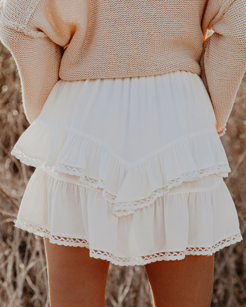 Viana Ruffle Tiered Crochet Mini Skirt Oshnow