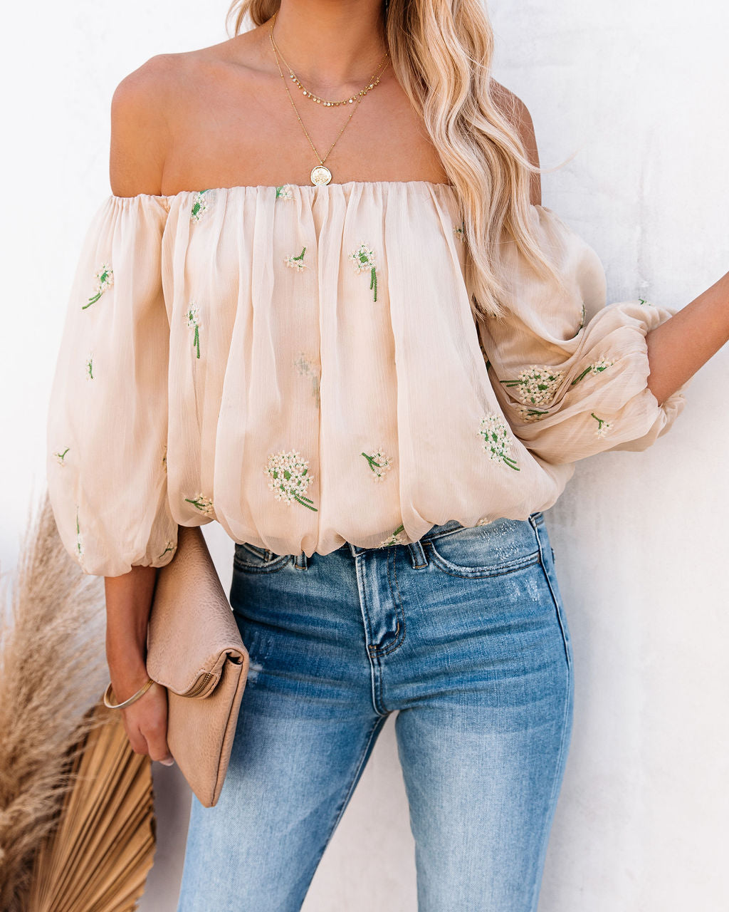 Villa Off The Shoulder Embroidered Chiffon Blouse Oshnow