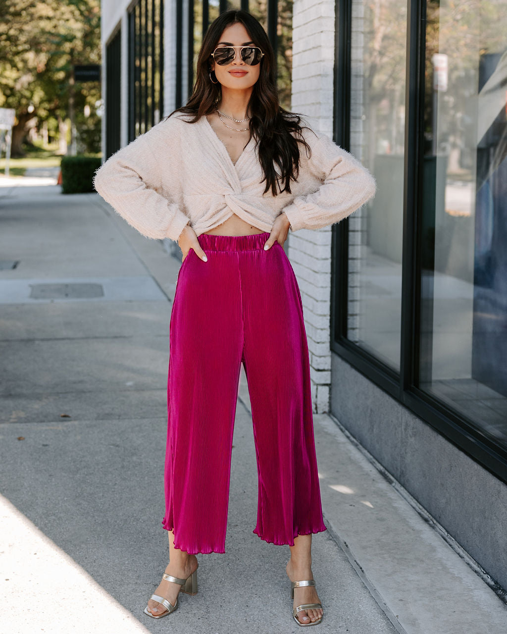 Villanueva Plisse Cropped Pants - Magenta  - SALE Oshnow