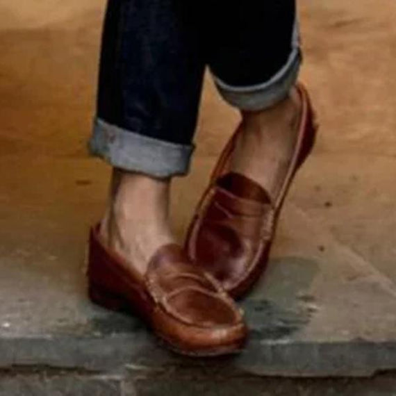 Susiecloths Women Vintage Slip On Loafers Low Heel Pu Leather