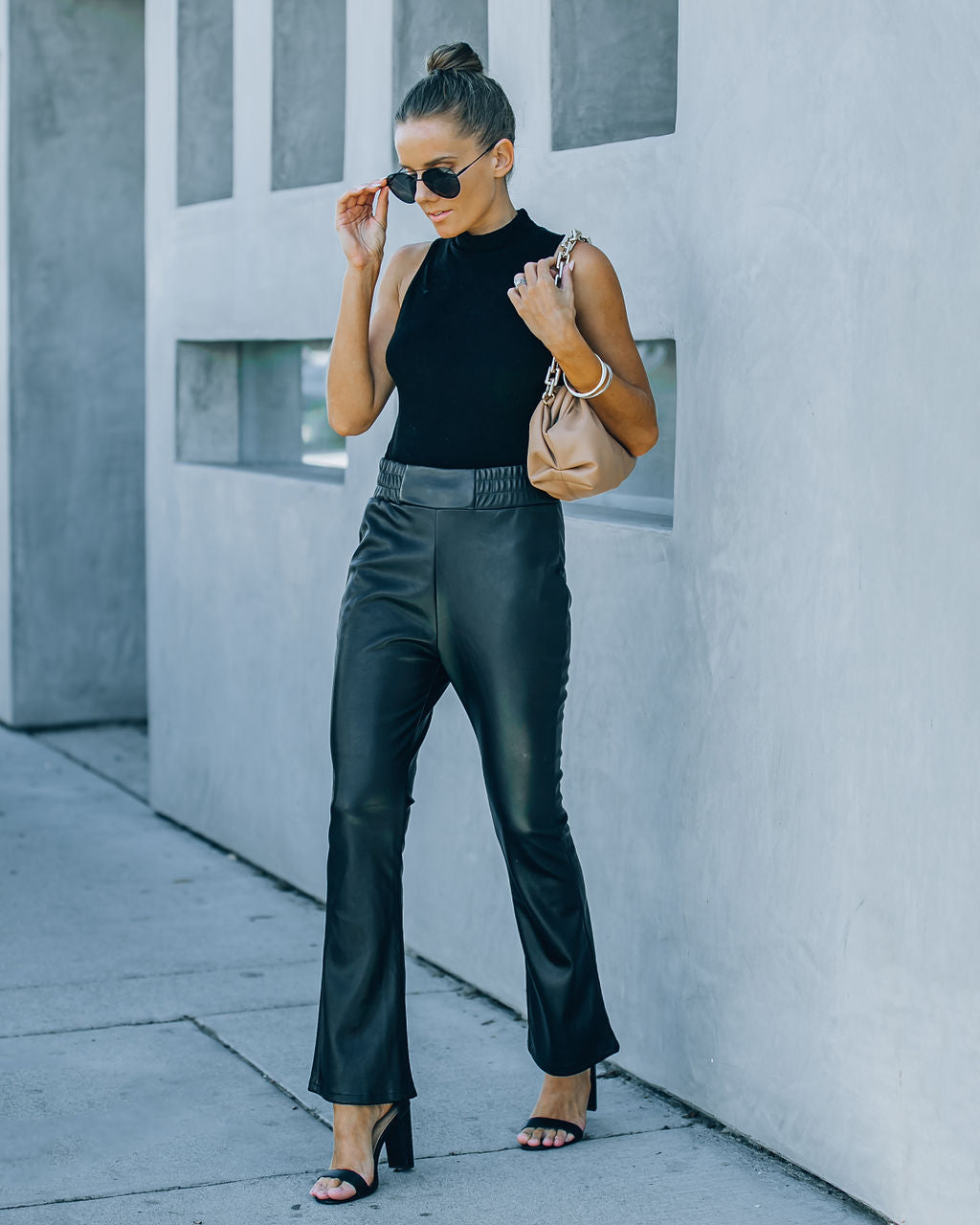 Vira High Rise Faux Leather Flare Pants - Black Oshnow