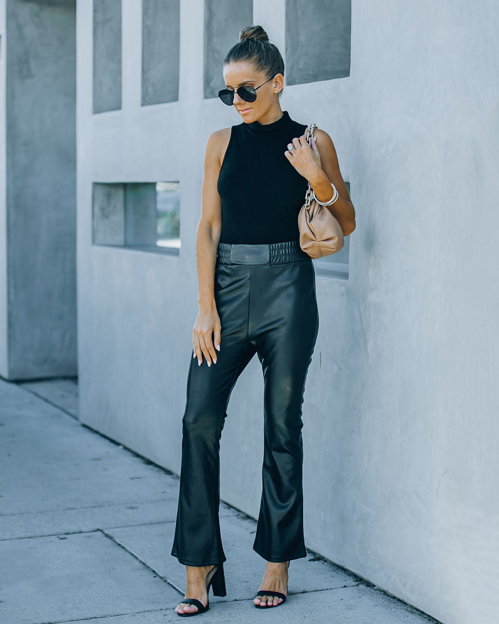 Vira High Rise Faux Leather Flare Pants - Black Oshnow