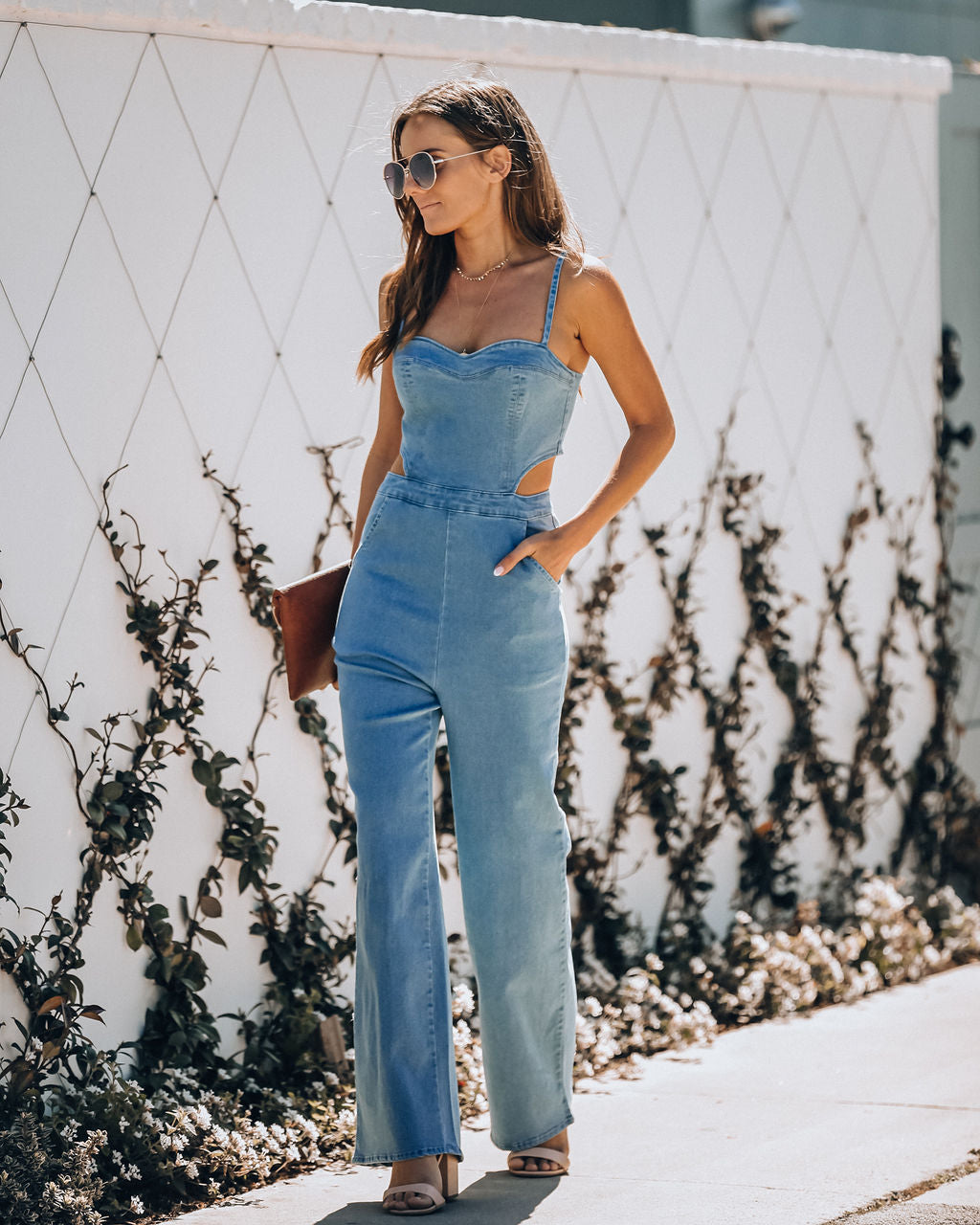 Vitamin Sea Pocketed Denim Cutout Jumpsuit - Denim Oshnow