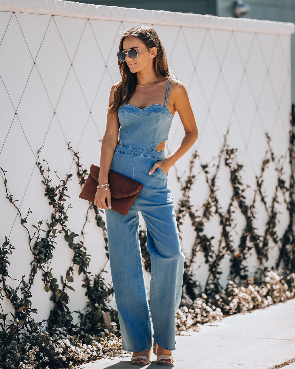 Vitamin Sea Pocketed Denim Cutout Jumpsuit - Denim Oshnow