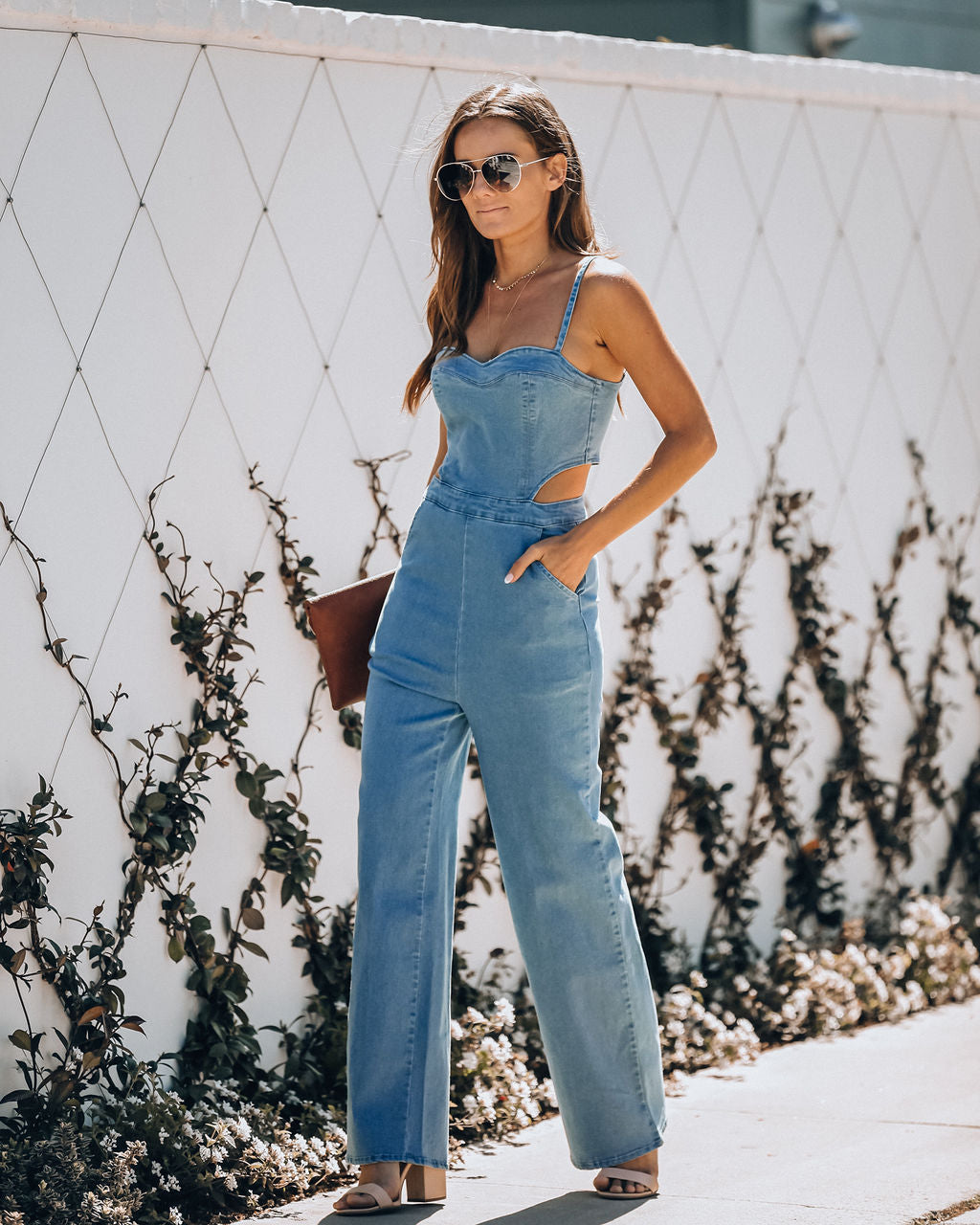 Vitamin Sea Pocketed Denim Cutout Jumpsuit - Denim Oshnow