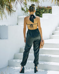 Vonn Pocketed Satin Halter Jumpsuit - Black Oshnow