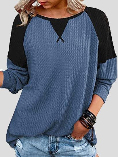 Waffle Stitching Round Neck Raglan Long Sleeve T-shirt Oshnow