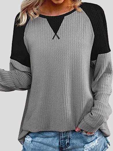 Waffle Stitching Round Neck Raglan Long Sleeve T-shirt Oshnow