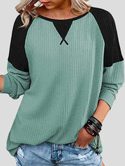 Waffle Stitching Round Neck Raglan Long Sleeve T-shirt Oshnow