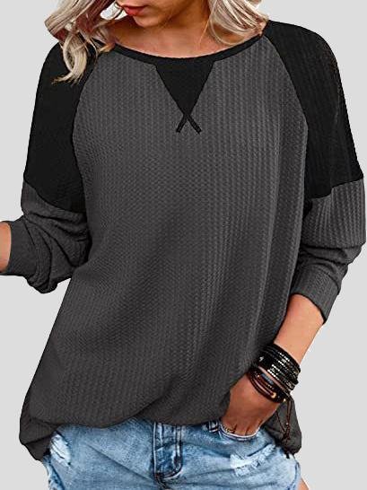 Waffle Stitching Round Neck Raglan Long Sleeve T-shirt Oshnow