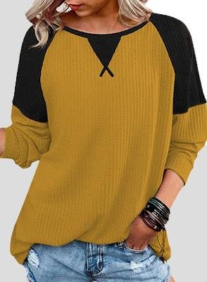 Waffle Stitching Round Neck Raglan Long Sleeve T-shirt Oshnow