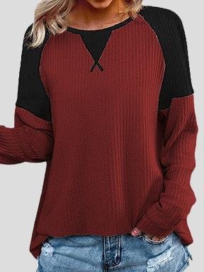 Waffle Stitching Round Neck Raglan Long Sleeve T-shirt Oshnow