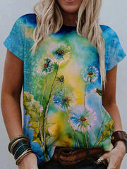 Watercolor Floral Print Round Neck Short Sleeve T-Shirt Oshnow