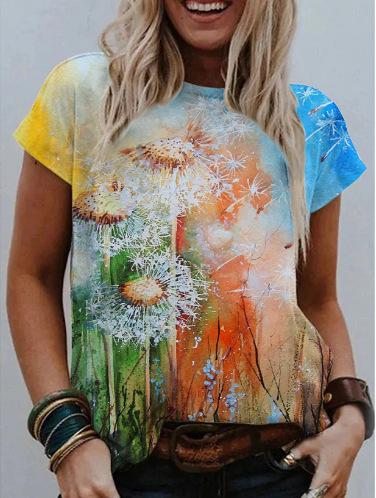Watercolor Floral Print Round Neck Short Sleeve T-Shirt Oshnow