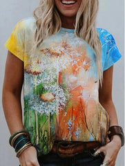 Watercolor Floral Print Round Neck Short Sleeve T-Shirt Oshnow