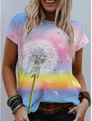 Watercolor Floral Print Round Neck Short Sleeve T-Shirt Oshnow