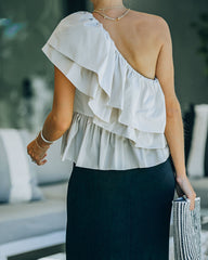 Wayne One Shoulder Ruffle Top - Beige Oshnow