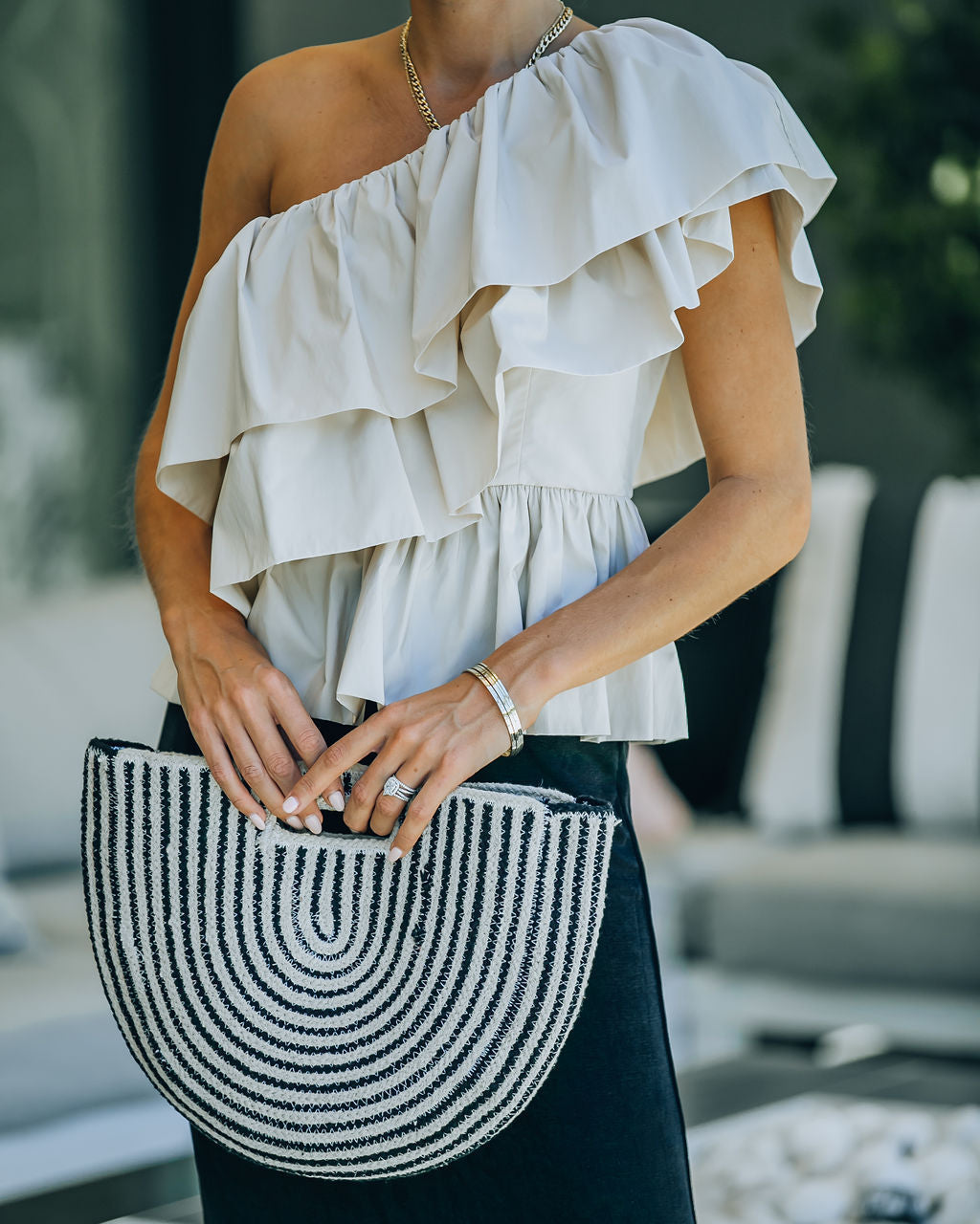 Wayne One Shoulder Ruffle Top - Beige Oshnow