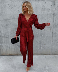 Whole New World Sequin Front Tie Jumpsuit - Burgundy Oshnow