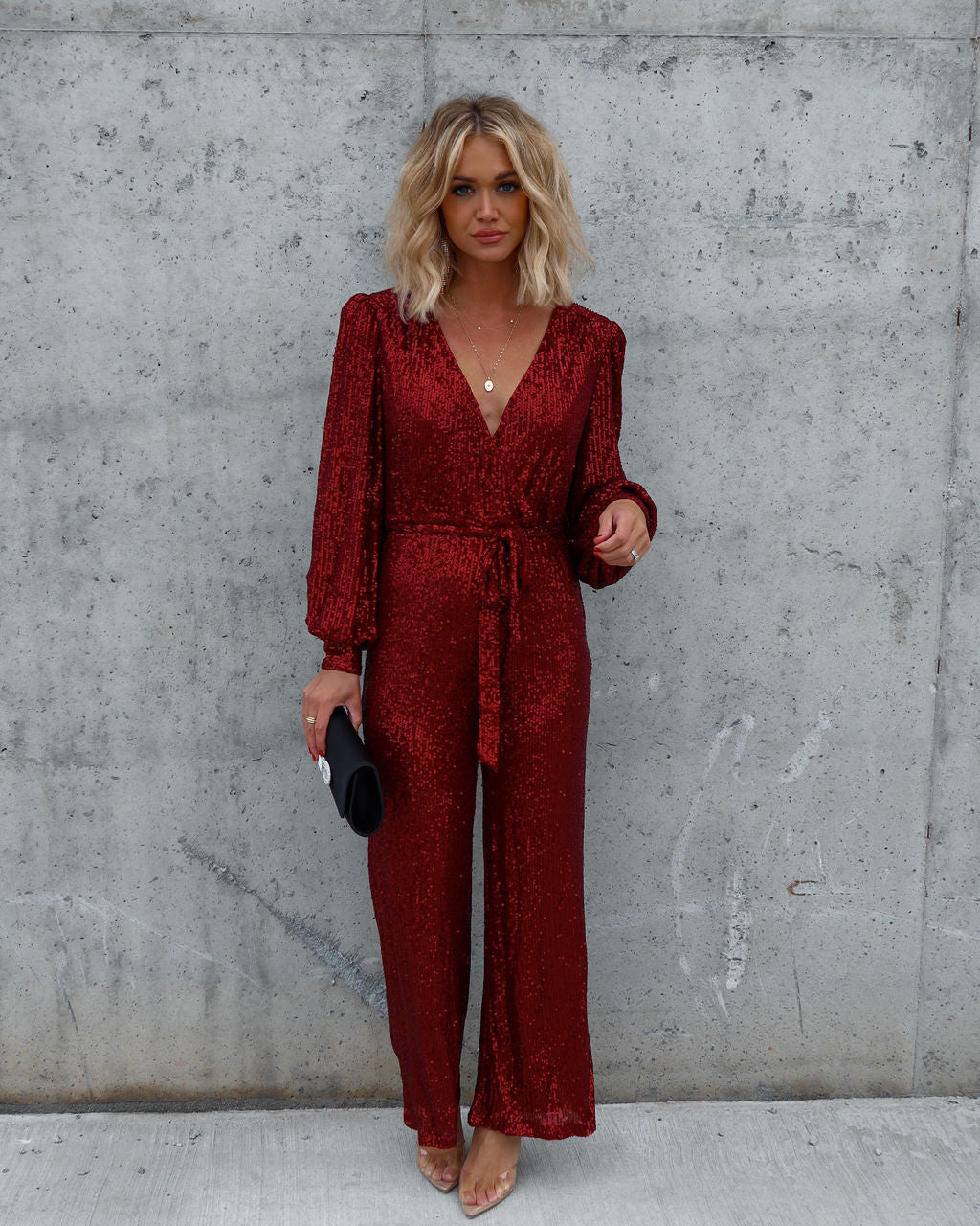 Whole New World Sequin Front Tie Jumpsuit - Burgundy Oshnow