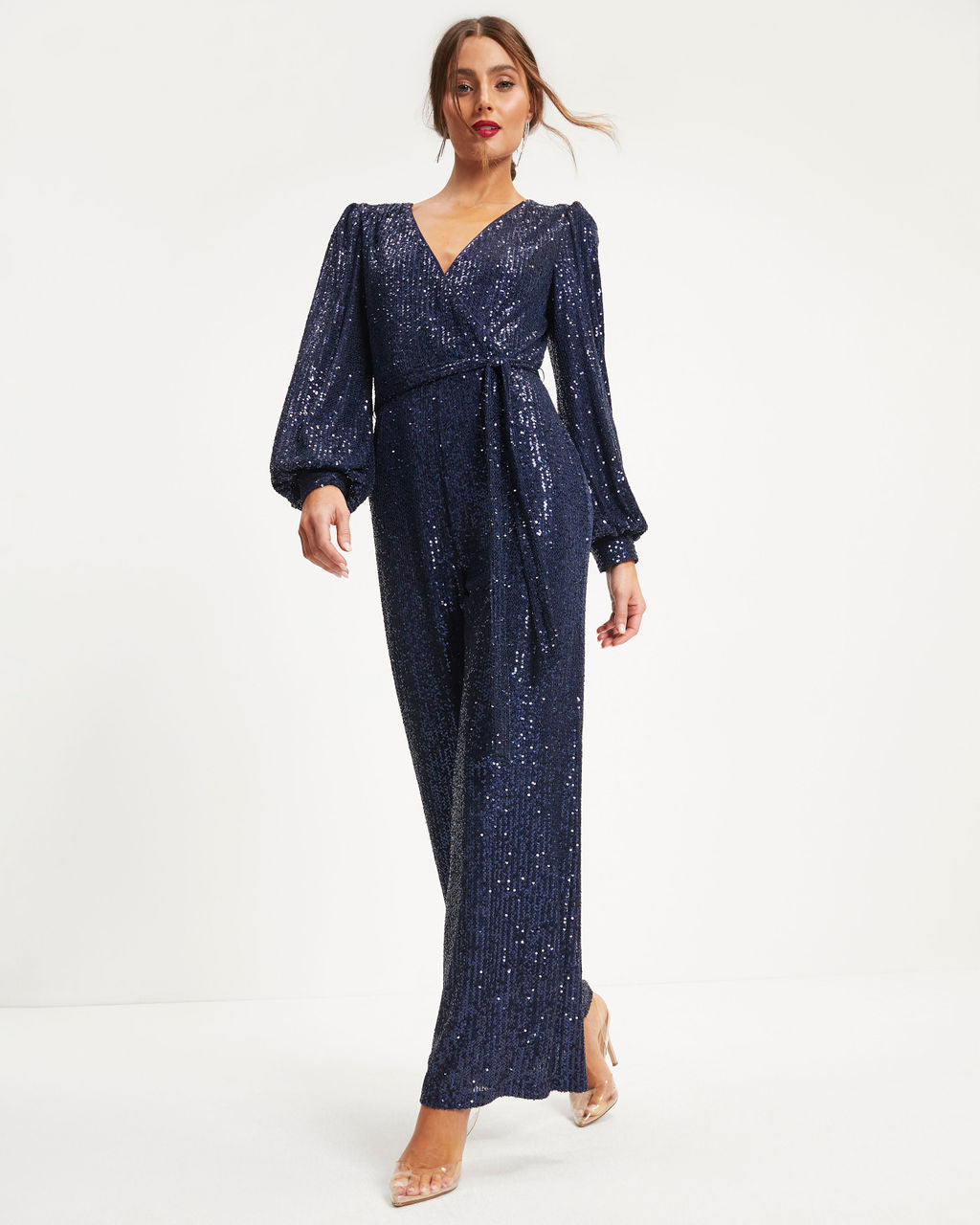 Whole New World Sequin Front Tie Jumpsuit - Navy  - SALE Oshnow