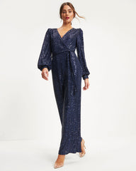 Whole New World Sequin Front Tie Jumpsuit - Navy  - SALE Oshnow