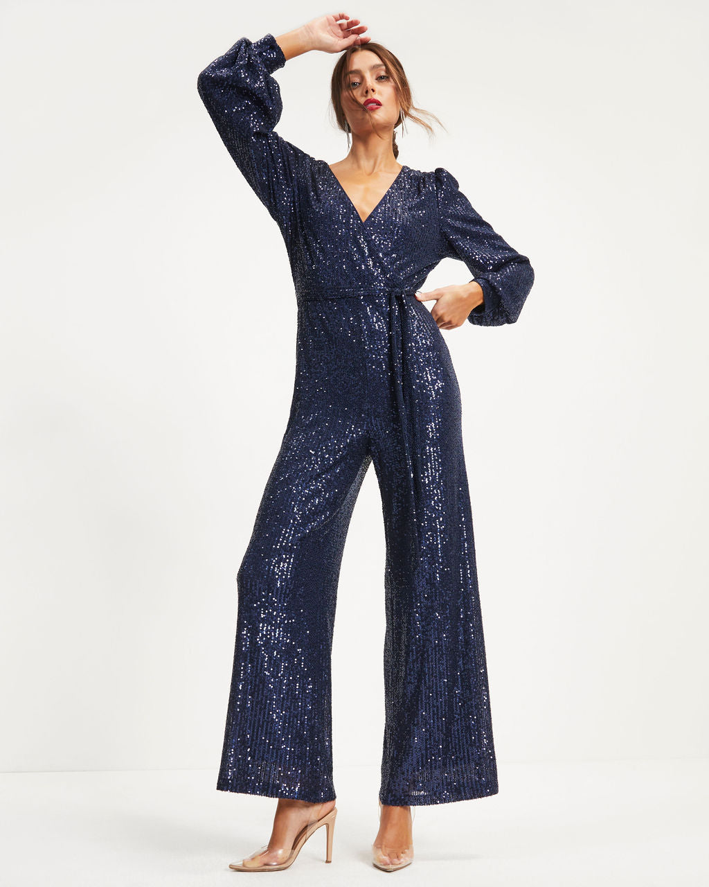 Whole New World Sequin Front Tie Jumpsuit - Navy  - SALE Oshnow