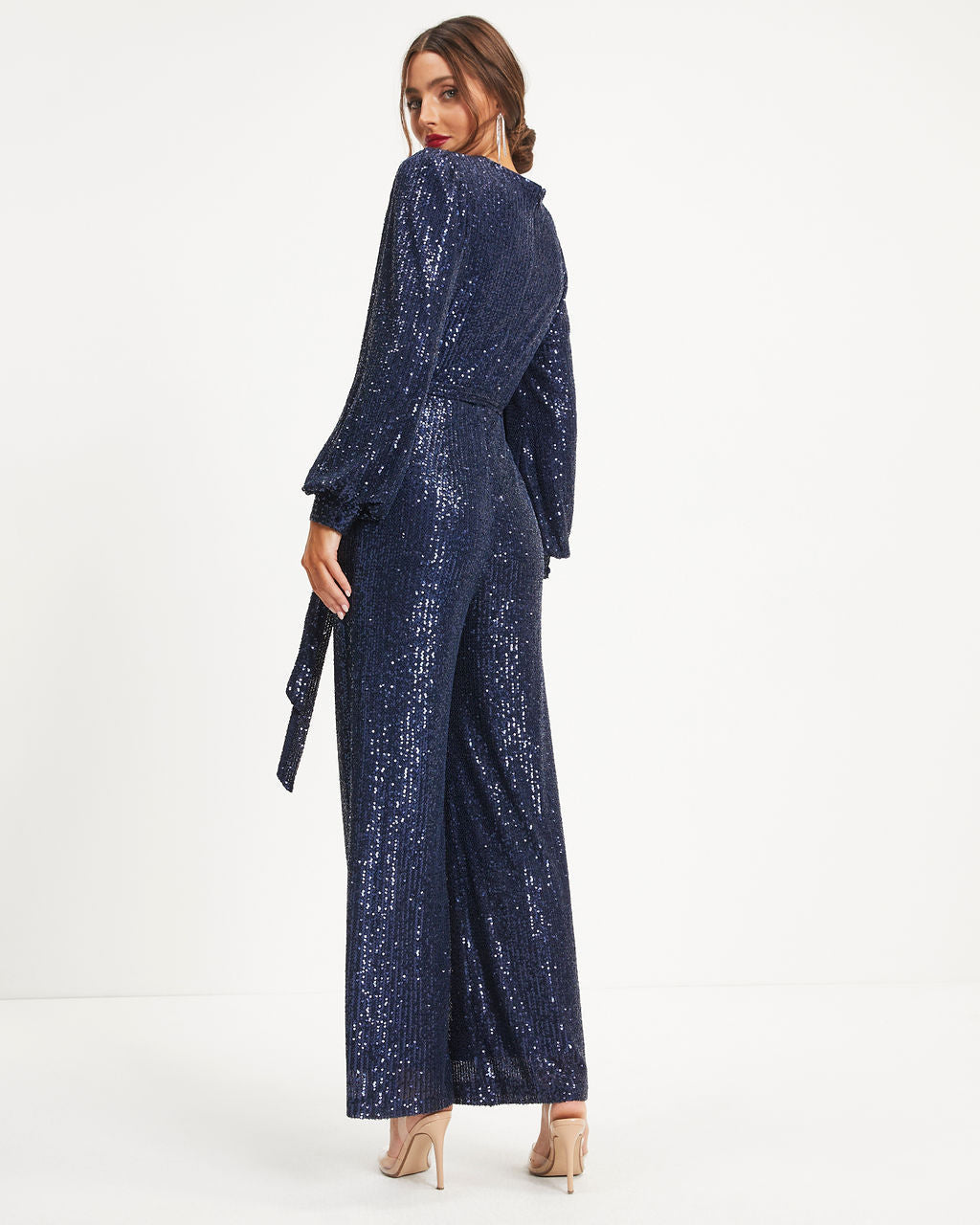 Whole New World Sequin Front Tie Jumpsuit - Navy  - SALE Oshnow